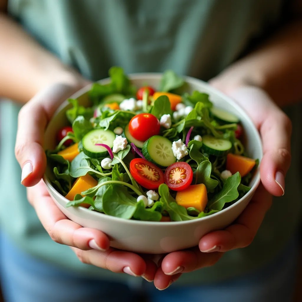 Personne tenant un bol de salade colorée